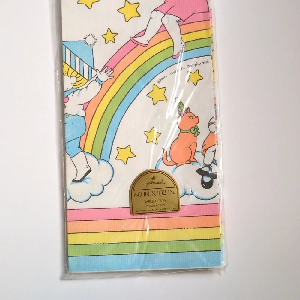 Vintage 80s Hallmark Rainbow Cat Birthday‎ Party Tablecloth Joan Walsh Angulnd